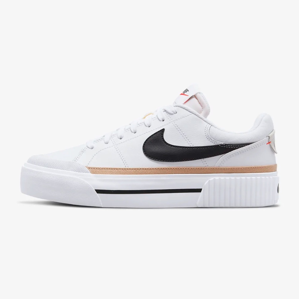 Nike Women’s White Sneakers with Black Swoosh and Beige Accent